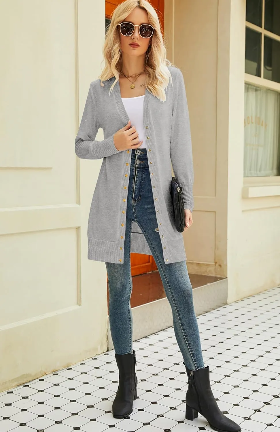 Halife Womens Long Sleeve Cardigans Lightweight Ribbed Neckline Soft Knit Cardigan Sweater with Buttons