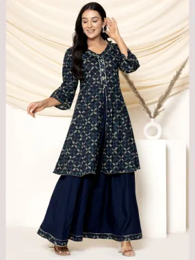 Hand Work Anarkali Kurta with Skirt - Navy Blue