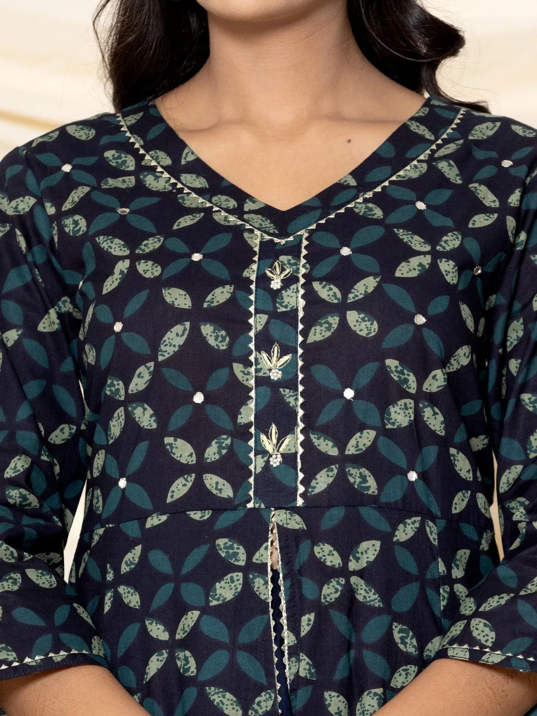 Hand Work Anarkali Kurta with Skirt - Navy Blue