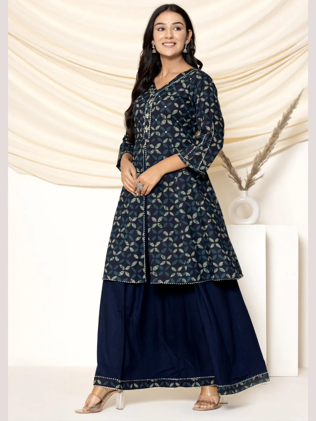 Hand Work Anarkali Kurta with Skirt - Navy Blue