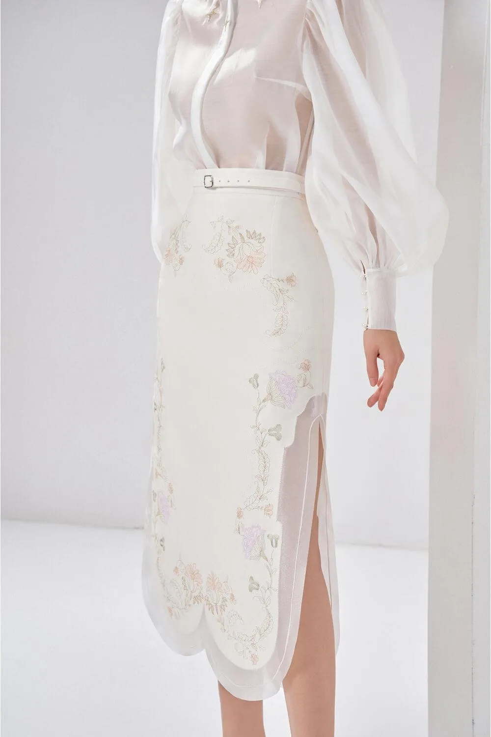 Jaylee Straight Side Slit Crepe Midi Skirt