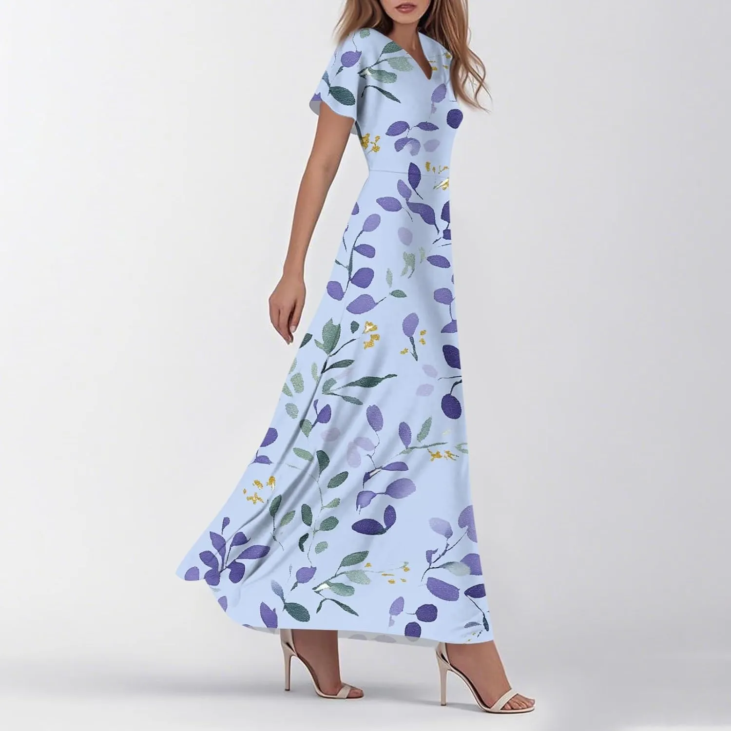 JJHAEVDY Summer Dresses for Women Loose Short Sleeve Dress V Neck Casual Maxi Dress Print Flowy Swing Beach Vacation Dress