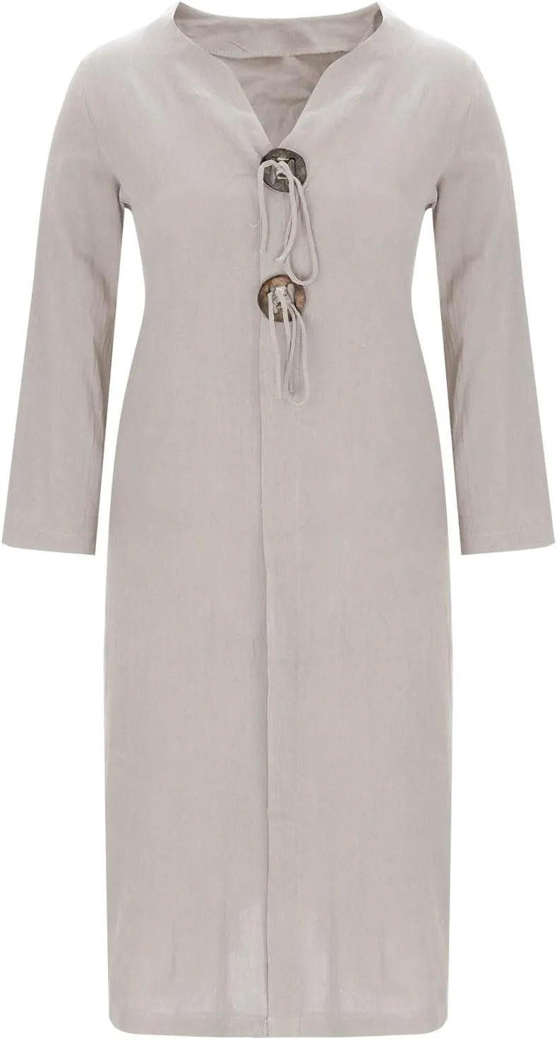 jsaierl Women Button Down V Neck Long Sleeve Cotton Linen Shirts Dress Oversized Flowy Shift Dress Solid Plus Size Maxi Dress