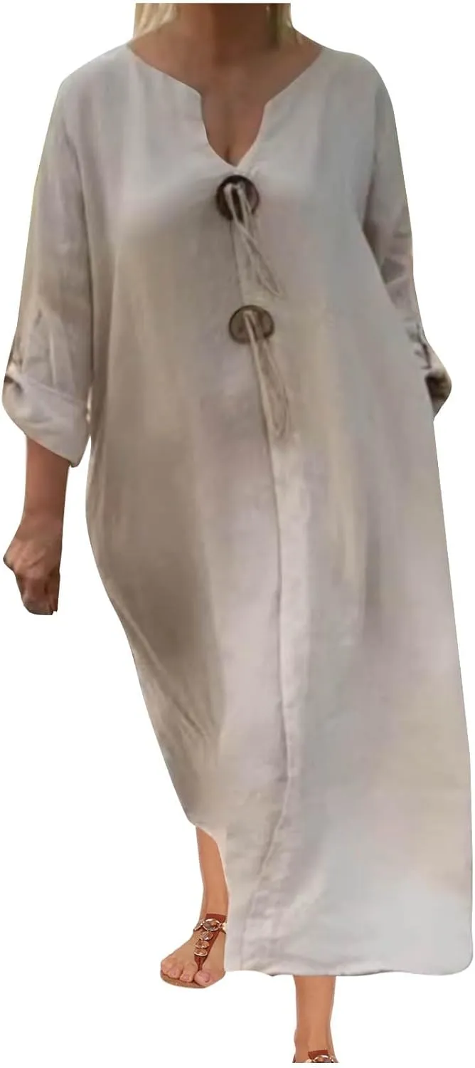 jsaierl Women Button Down V Neck Long Sleeve Cotton Linen Shirts Dress Oversized Flowy Shift Dress Solid Plus Size Maxi Dress