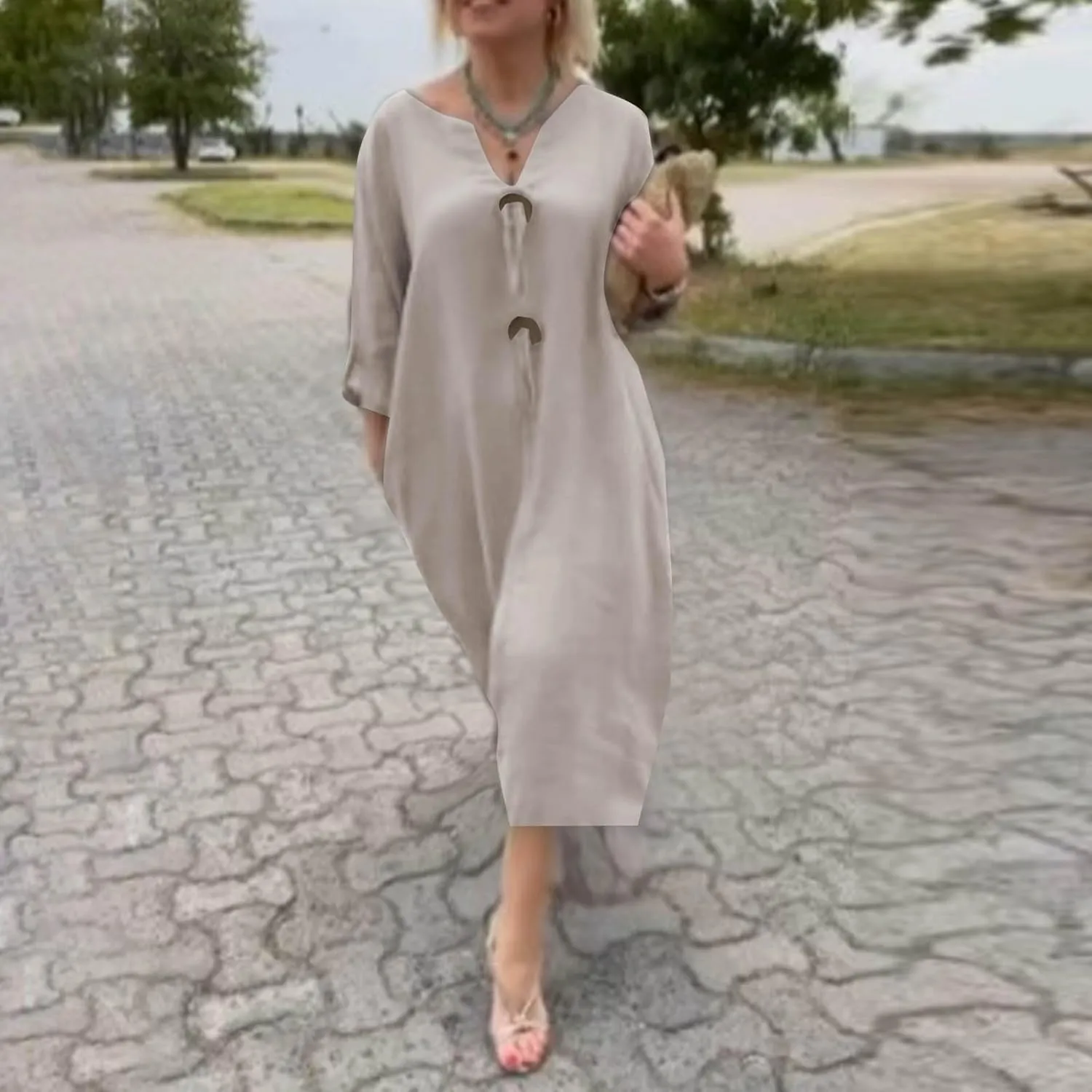 jsaierl Women Button Down V Neck Long Sleeve Cotton Linen Shirts Dress Oversized Flowy Shift Dress Solid Plus Size Maxi Dress