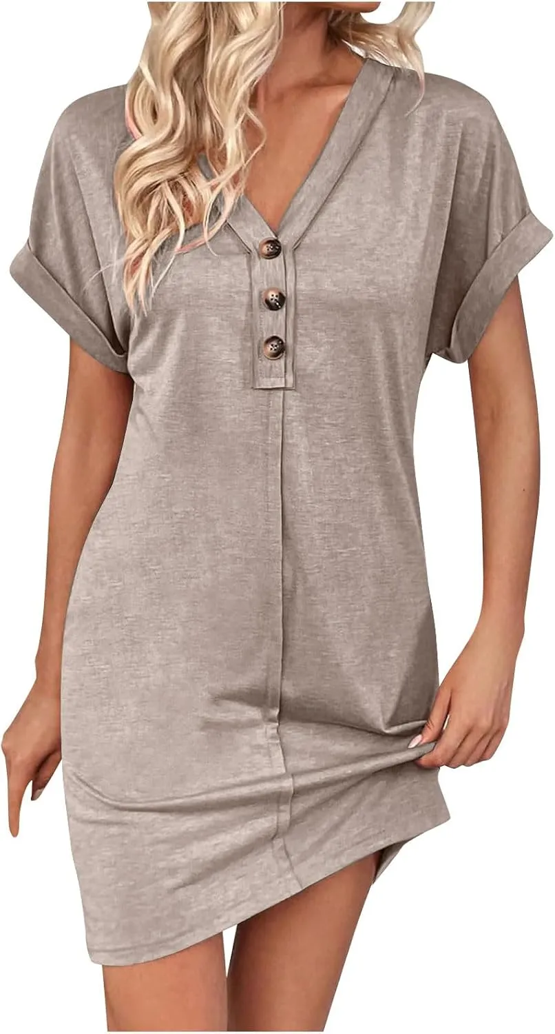 jsaierl Womens Summer Rolled Cuffed Shirts Dress Casual Loose Fit Button Down V Neck Midi Dress Solid Color Basic Shift Dress
