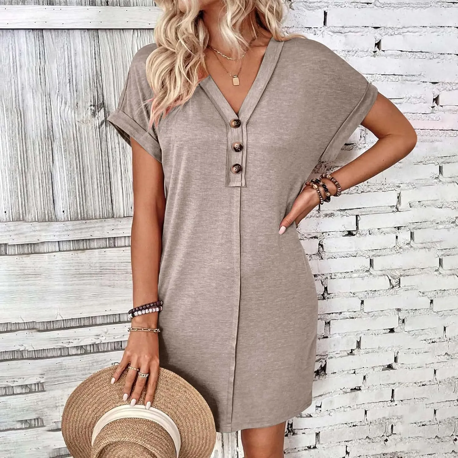 jsaierl Womens Summer Rolled Cuffed Shirts Dress Casual Loose Fit Button Down V Neck Midi Dress Solid Color Basic Shift Dress