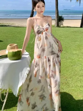 KIylethomasw Women Boho Backless Sexy Beige Print Dress Summer Elegant Spaghetti Strap Party Bandage Slip Vintage Pleated Long Sundress