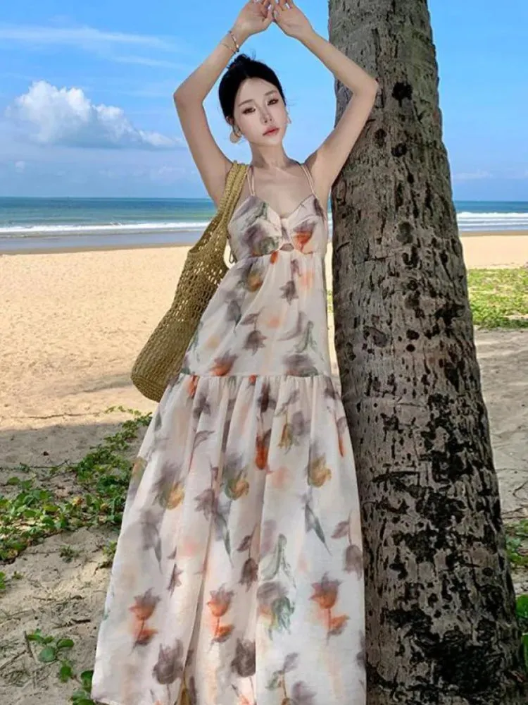 KIylethomasw Women Boho Backless Sexy Beige Print Dress Summer Elegant Spaghetti Strap Party Bandage Slip Vintage Pleated Long Sundress