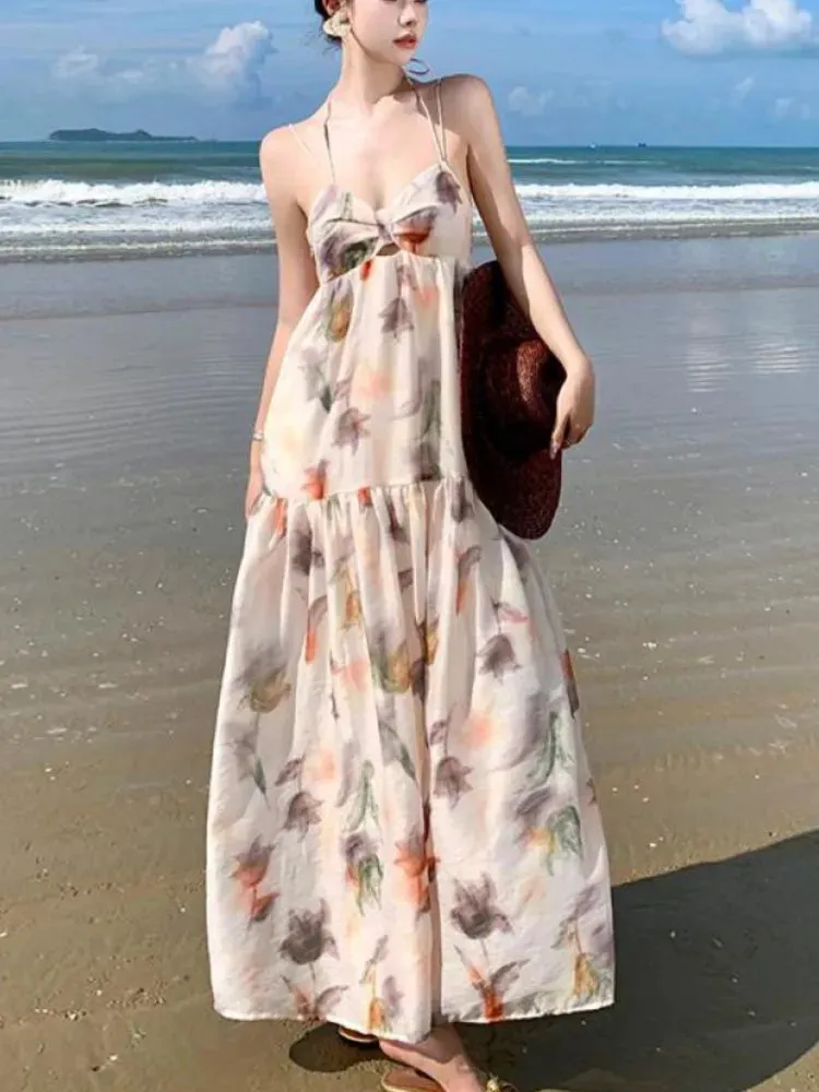 KIylethomasw Women Boho Backless Sexy Beige Print Dress Summer Elegant Spaghetti Strap Party Bandage Slip Vintage Pleated Long Sundress
