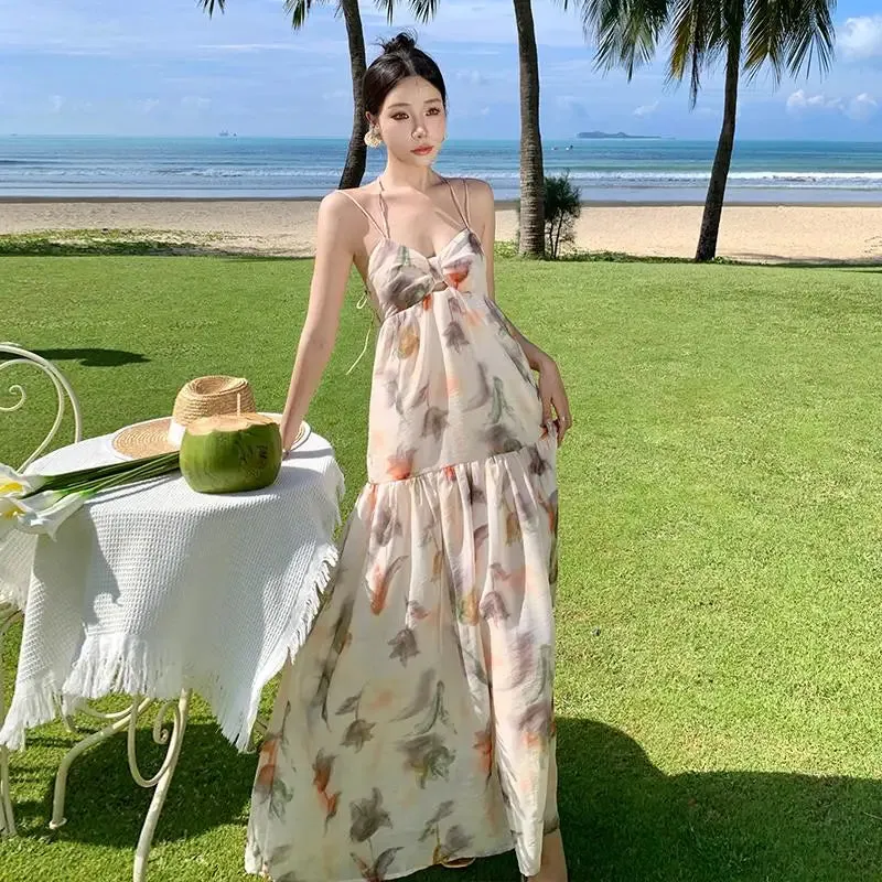 KIylethomasw Women Boho Backless Sexy Beige Print Dress Summer Elegant Spaghetti Strap Party Bandage Slip Vintage Pleated Long Sundress