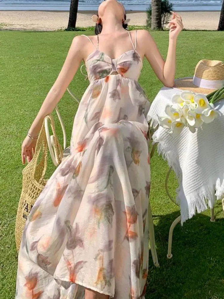 KIylethomasw Women Boho Backless Sexy Beige Print Dress Summer Elegant Spaghetti Strap Party Bandage Slip Vintage Pleated Long Sundress