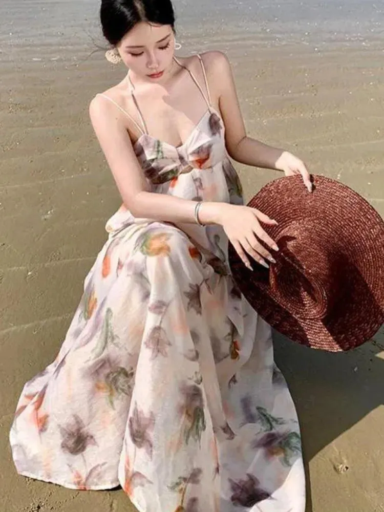 KIylethomasw Women Boho Backless Sexy Beige Print Dress Summer Elegant Spaghetti Strap Party Bandage Slip Vintage Pleated Long Sundress