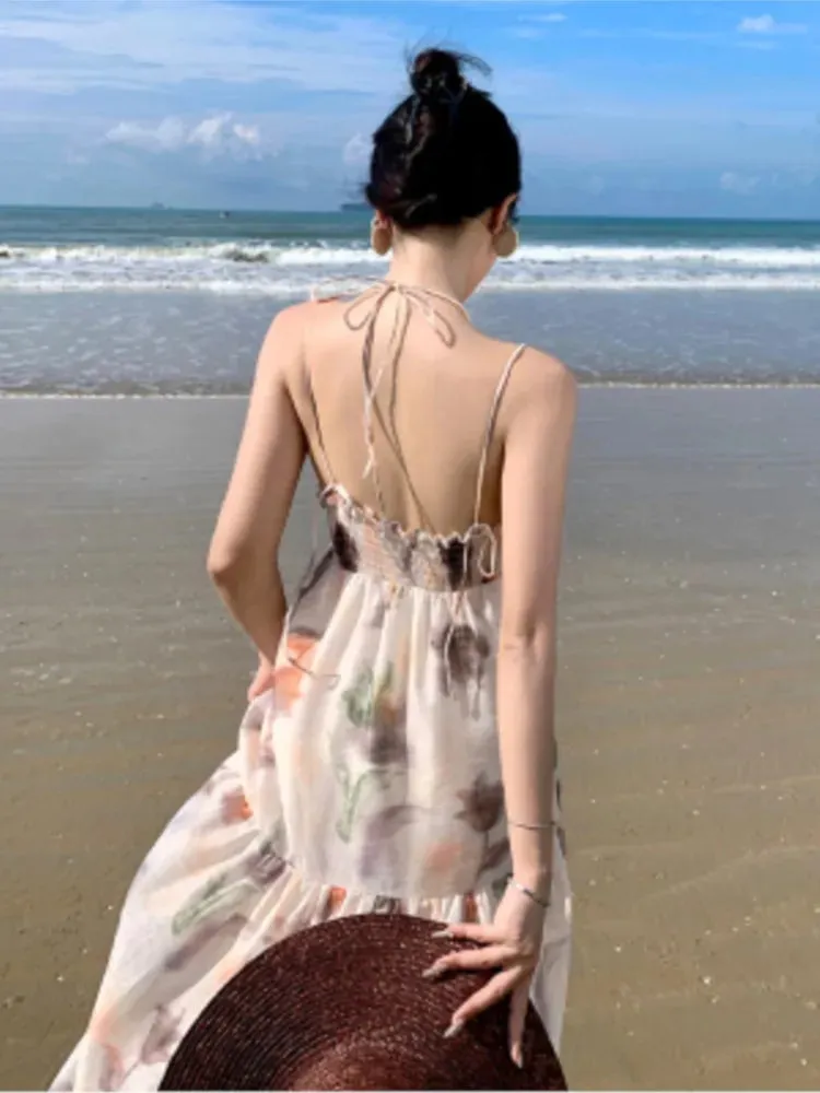 KIylethomasw Women Boho Backless Sexy Beige Print Dress Summer Elegant Spaghetti Strap Party Bandage Slip Vintage Pleated Long Sundress