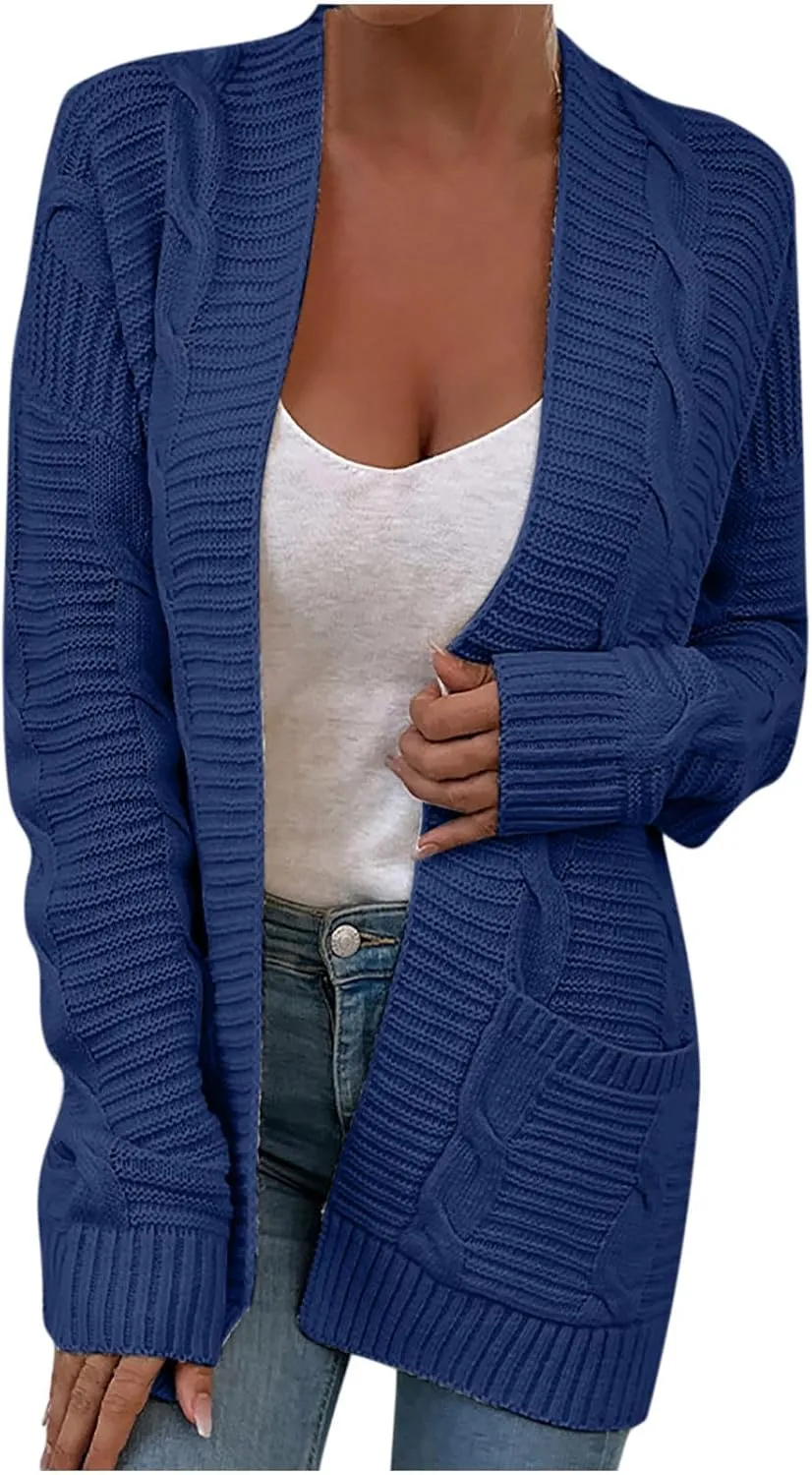 Knit Cardigan for Womens Soft Chunky Cable Knitted Open Front Long Sleeve Sweater Outwear Cover Up with Pockets