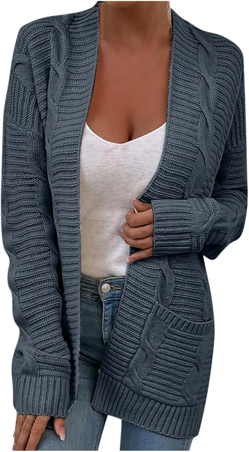 Knit Cardigan for Womens Soft Chunky Cable Knitted Open Front Long Sleeve Sweater Outwear Cover Up with Pockets