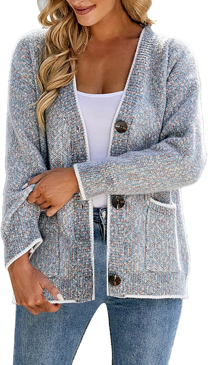 Knitted Cardigans for Women Cropped Open Front Button Down V Neck Long Sleeve Sweater Coats with Pockets Casual Soft Outwear
