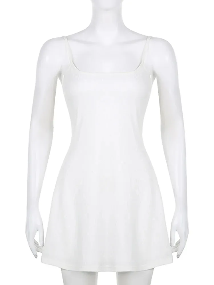 Korean Fashion Solid Spaghetti Strap White Dress Women Basic Beach Sundress Backless Slim Chic Summer Dresses Elegant