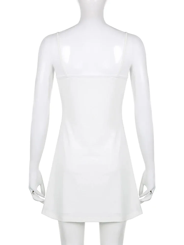 Korean Fashion Solid Spaghetti Strap White Dress Women Basic Beach Sundress Backless Slim Chic Summer Dresses Elegant