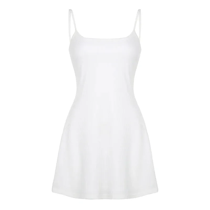 Korean Fashion Solid Spaghetti Strap White Dress Women Basic Beach Sundress Backless Slim Chic Summer Dresses Elegant