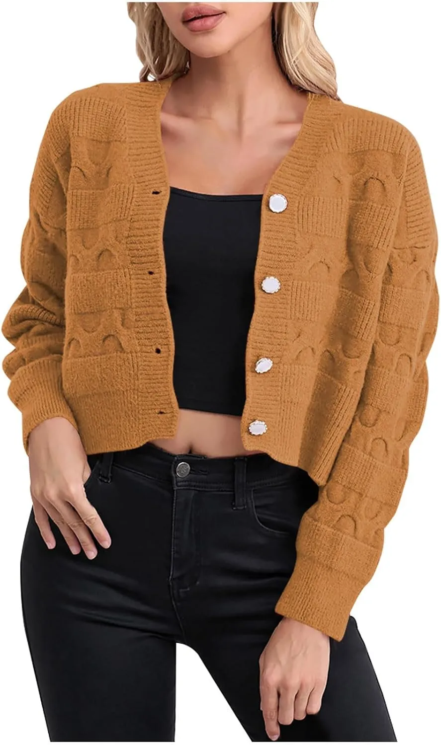 Lastesso Cardigan for Women Cropped Long Sleeve Lightweight Fall Cardigans Soft Crochet Lounge Knitwear Cozy Button Sweater