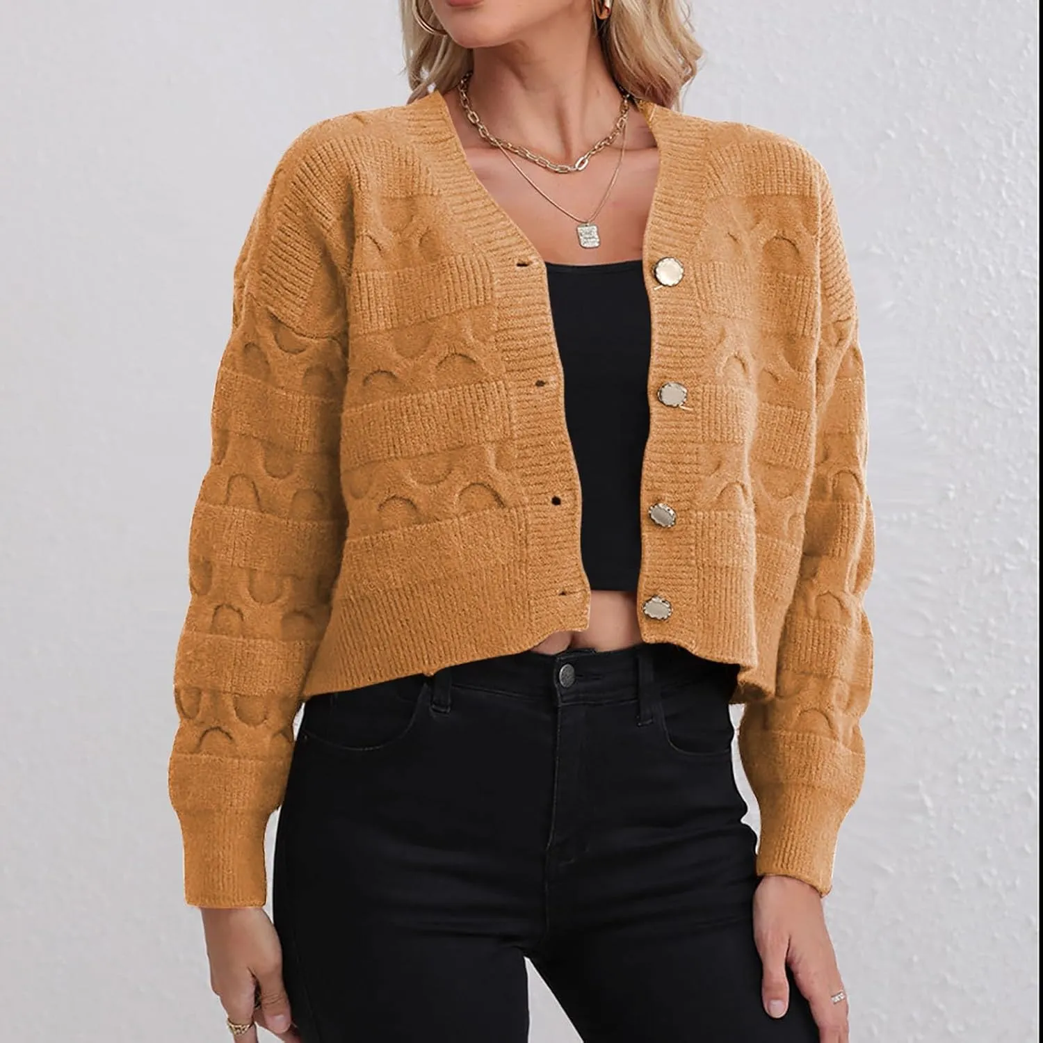 Lastesso Cardigan for Women Cropped Long Sleeve Lightweight Fall Cardigans Soft Crochet Lounge Knitwear Cozy Button Sweater