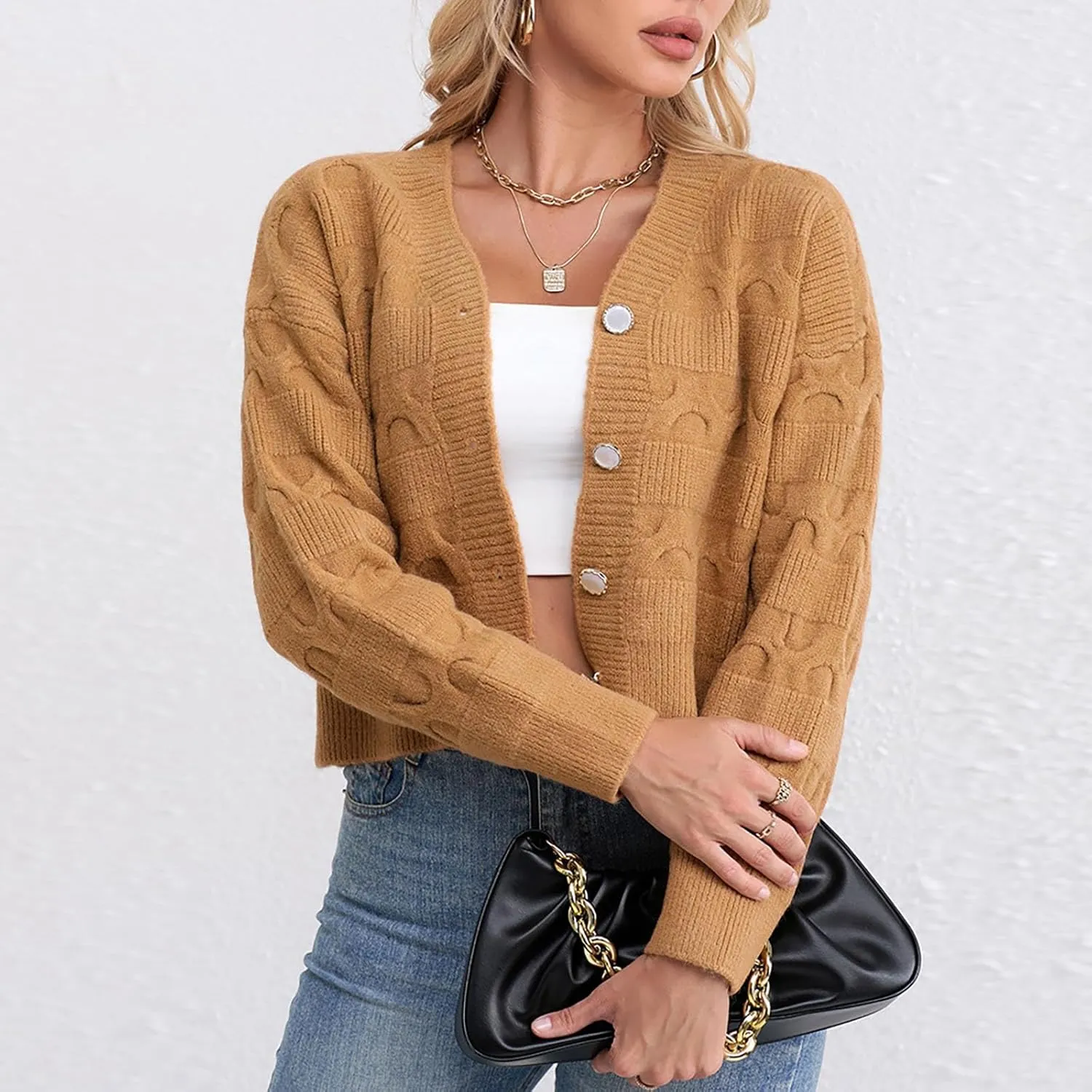 Lastesso Cardigan for Women Cropped Long Sleeve Lightweight Fall Cardigans Soft Crochet Lounge Knitwear Cozy Button Sweater