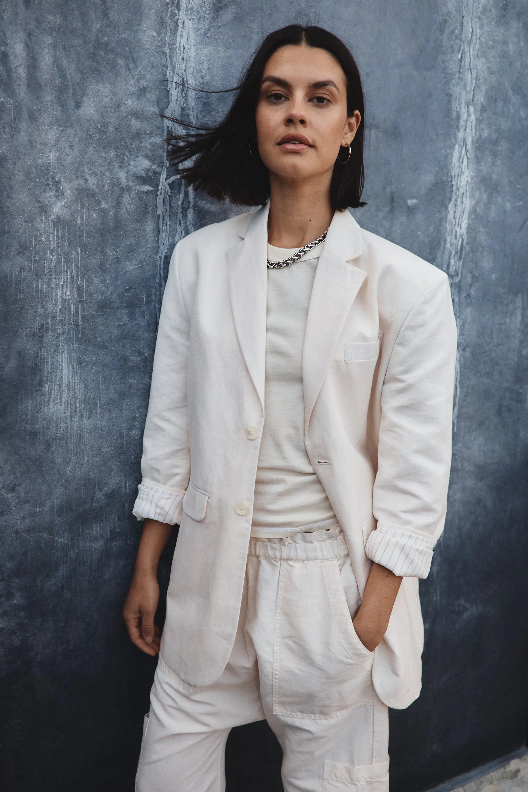 LAWRENCE OVERSIZE LINEN CANVAS BLAZER / IVORY