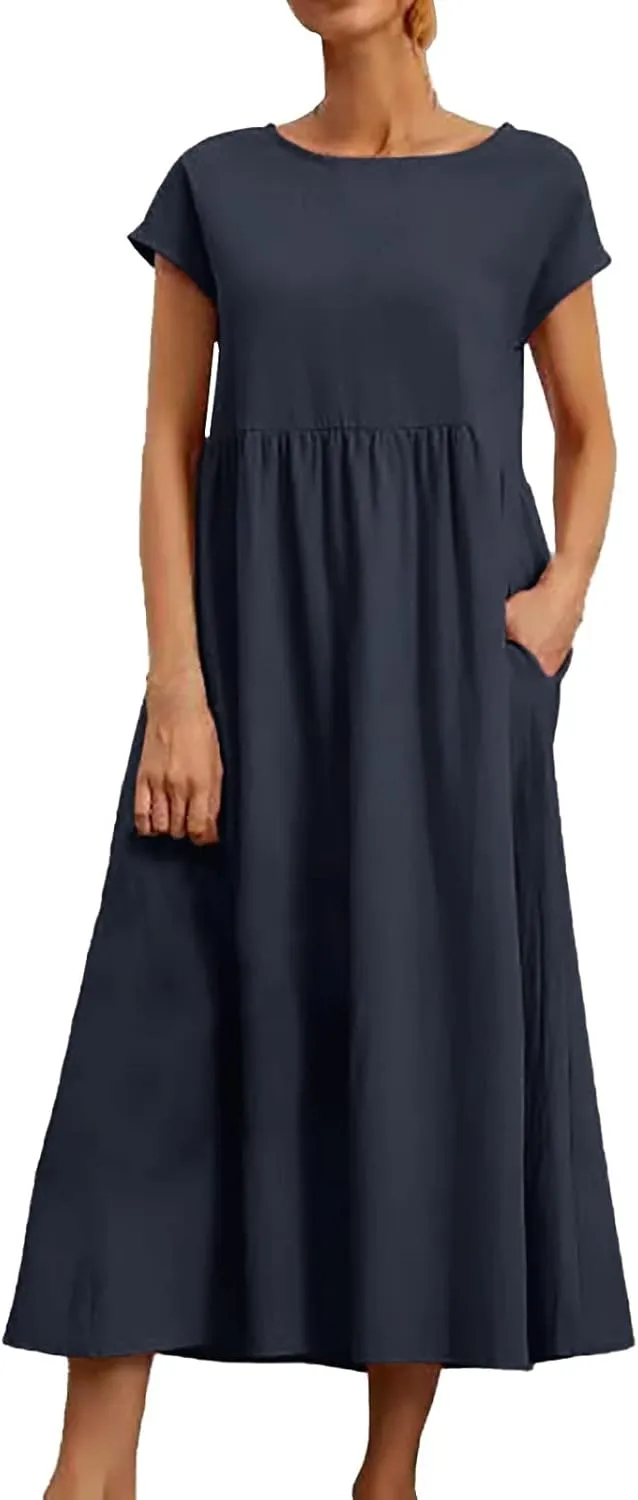 Linen Dress for Women Summer 2025 Baggy Crew Neck Short Sleeve Maxi Dresses Cotton Casual Beach Clothes with Pockets