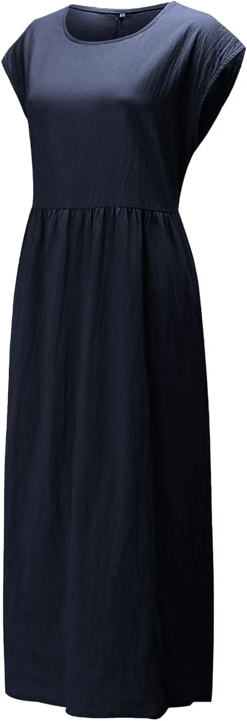 Linen Dress for Women Summer 2025 Baggy Crew Neck Short Sleeve Maxi Dresses Cotton Casual Beach Clothes with Pockets