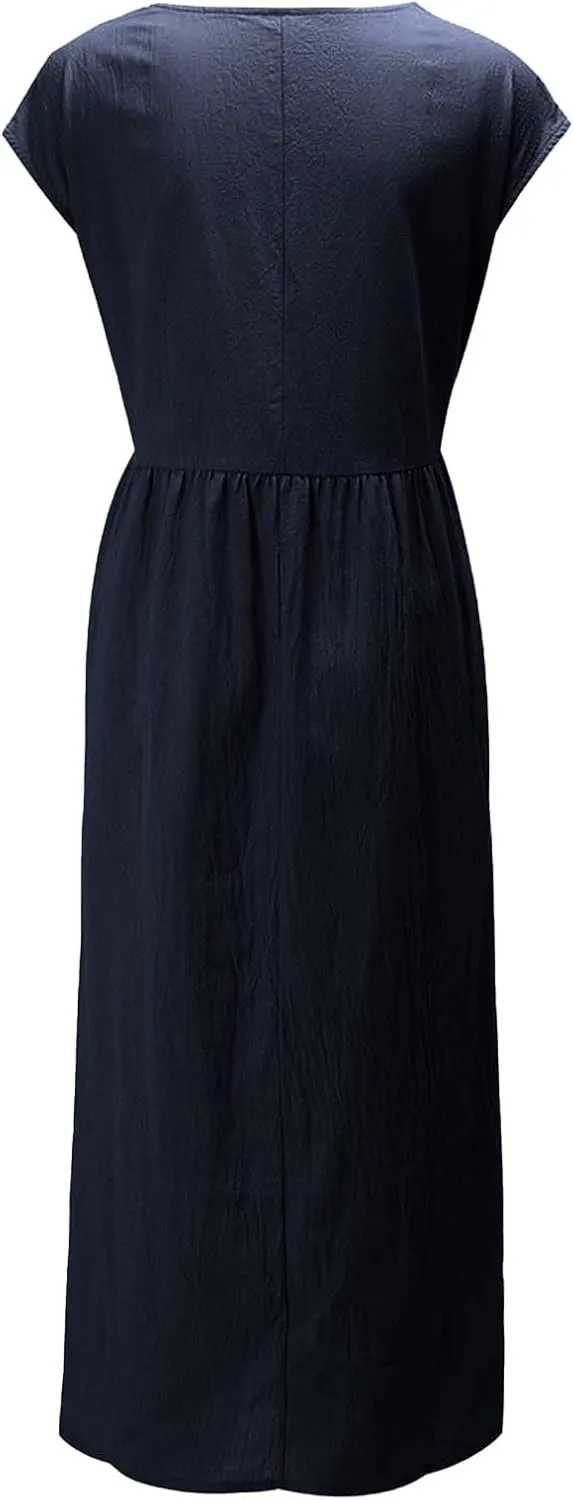 Linen Dress for Women Summer 2025 Baggy Crew Neck Short Sleeve Maxi Dresses Cotton Casual Beach Clothes with Pockets