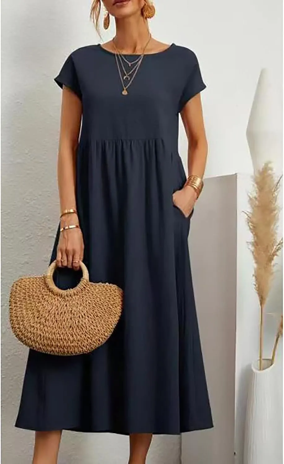 Linen Dress for Women Summer 2025 Baggy Crew Neck Short Sleeve Maxi Dresses Cotton Casual Beach Clothes with Pockets