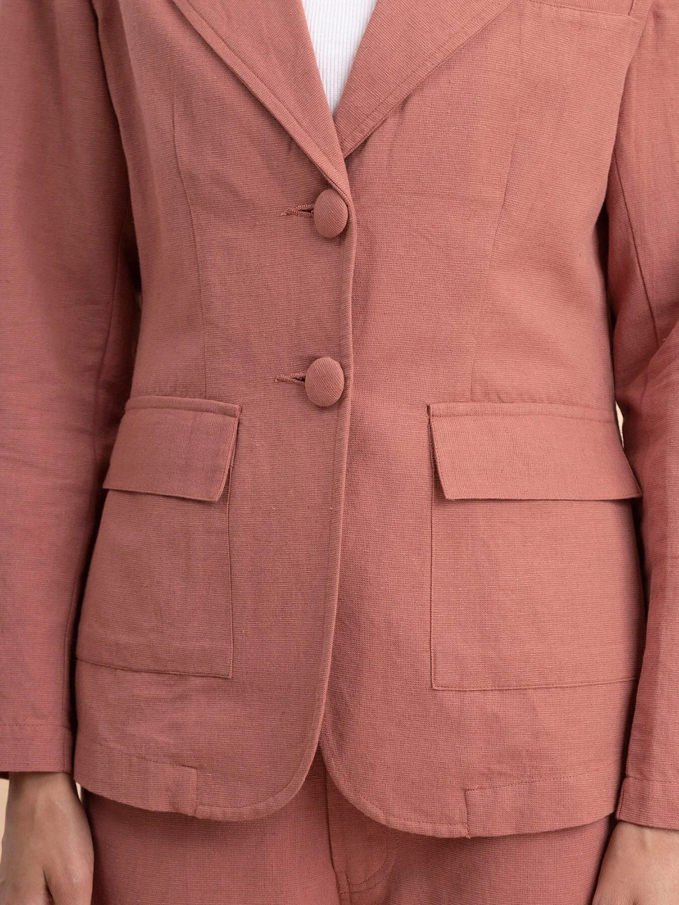 Linen Notch Lapel Collar Blazer - Dusty Pink