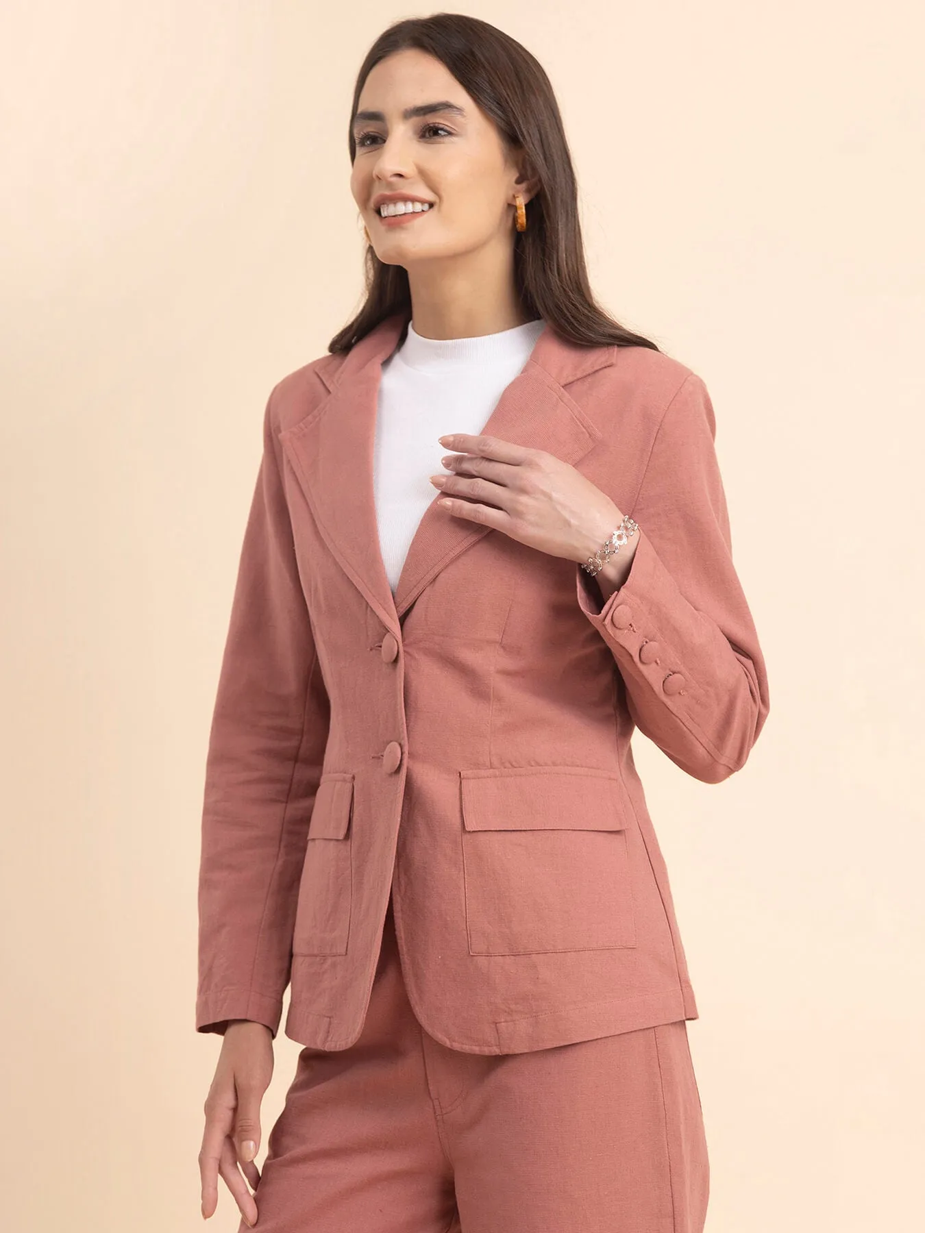 Linen Notch Lapel Collar Blazer - Dusty Pink