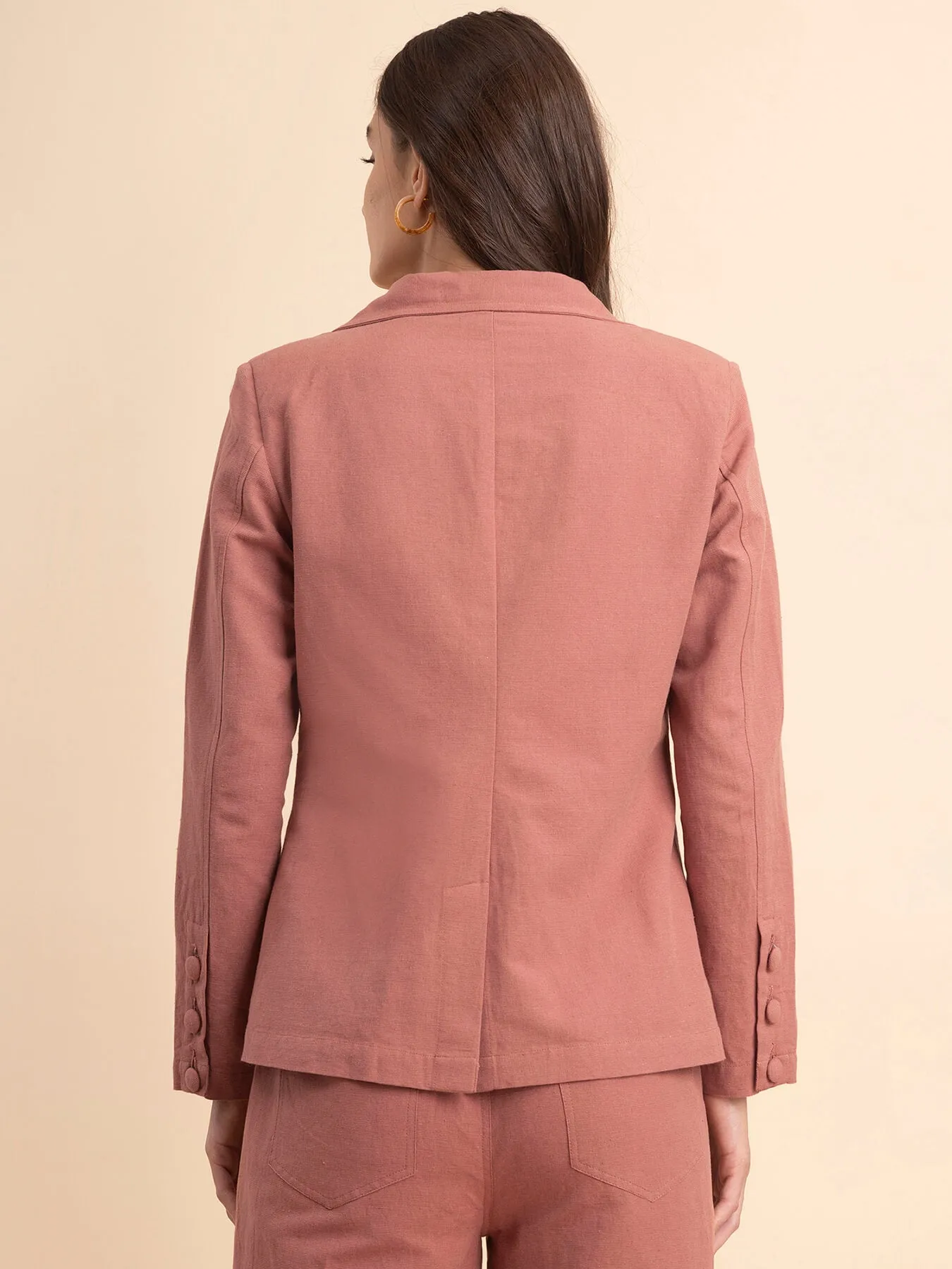 Linen Notch Lapel Collar Blazer - Dusty Pink