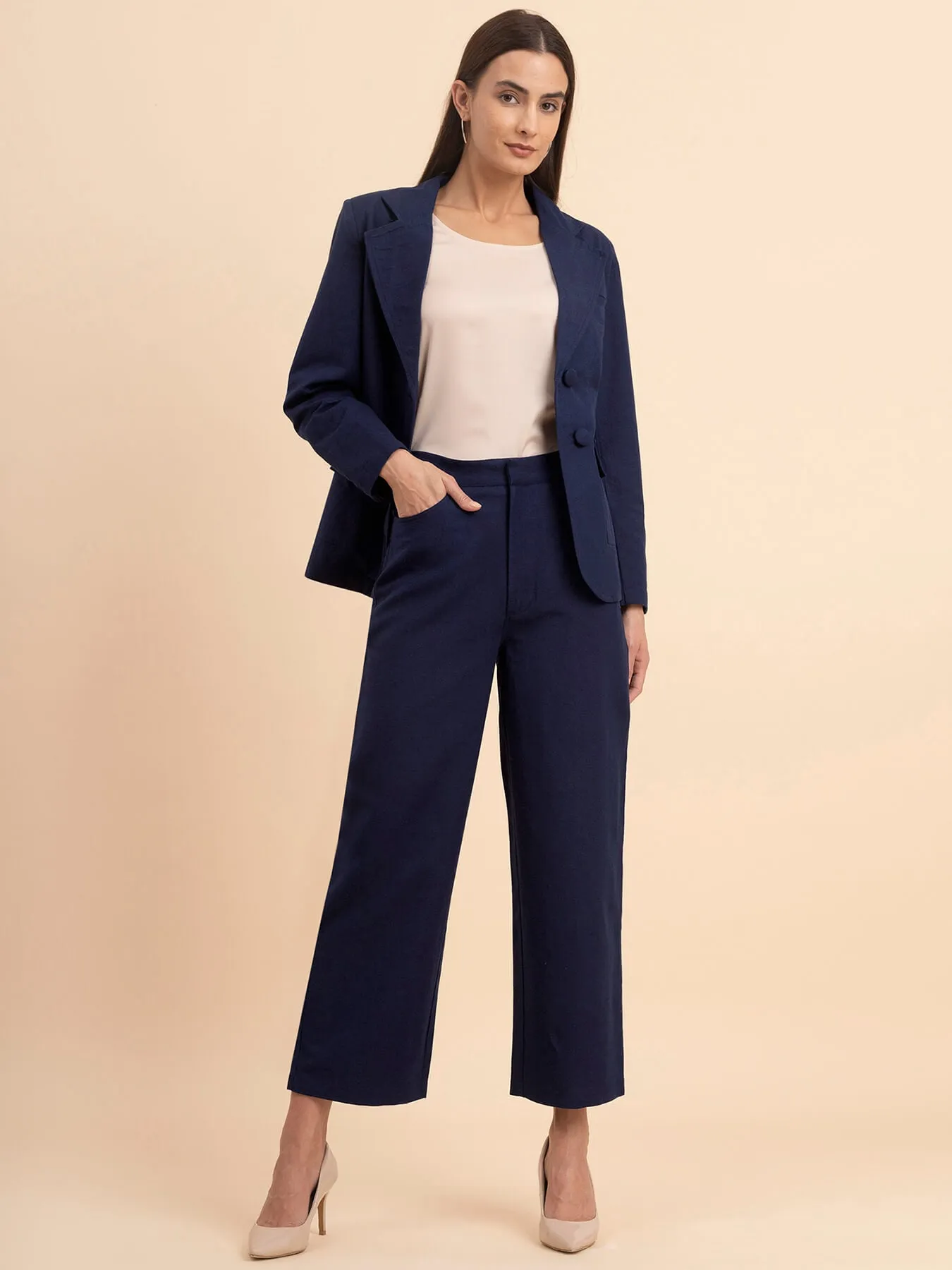 Linen Notch Lapel Collar Blazer - Navy Blue