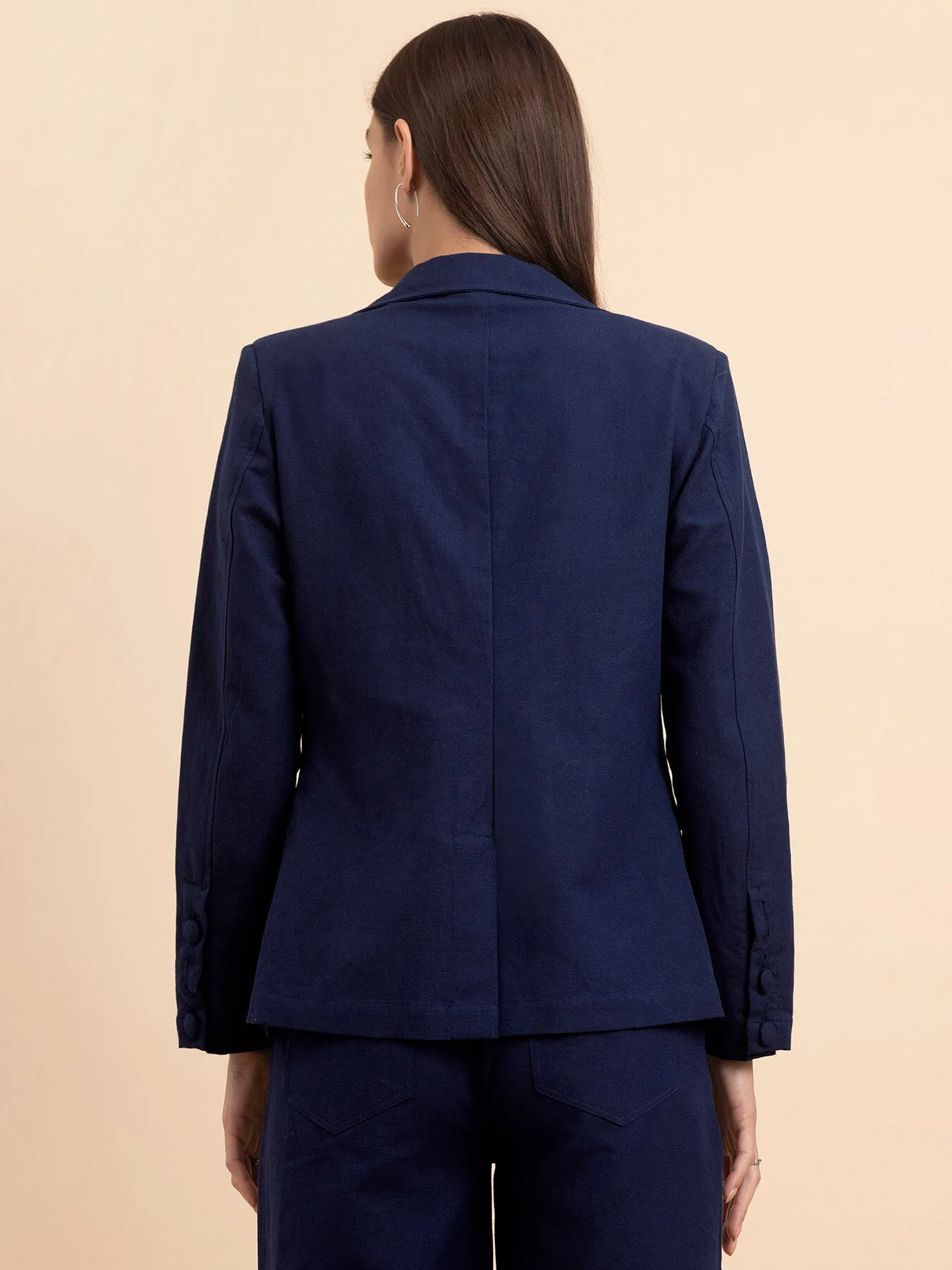 Linen Notch Lapel Collar Blazer - Navy Blue