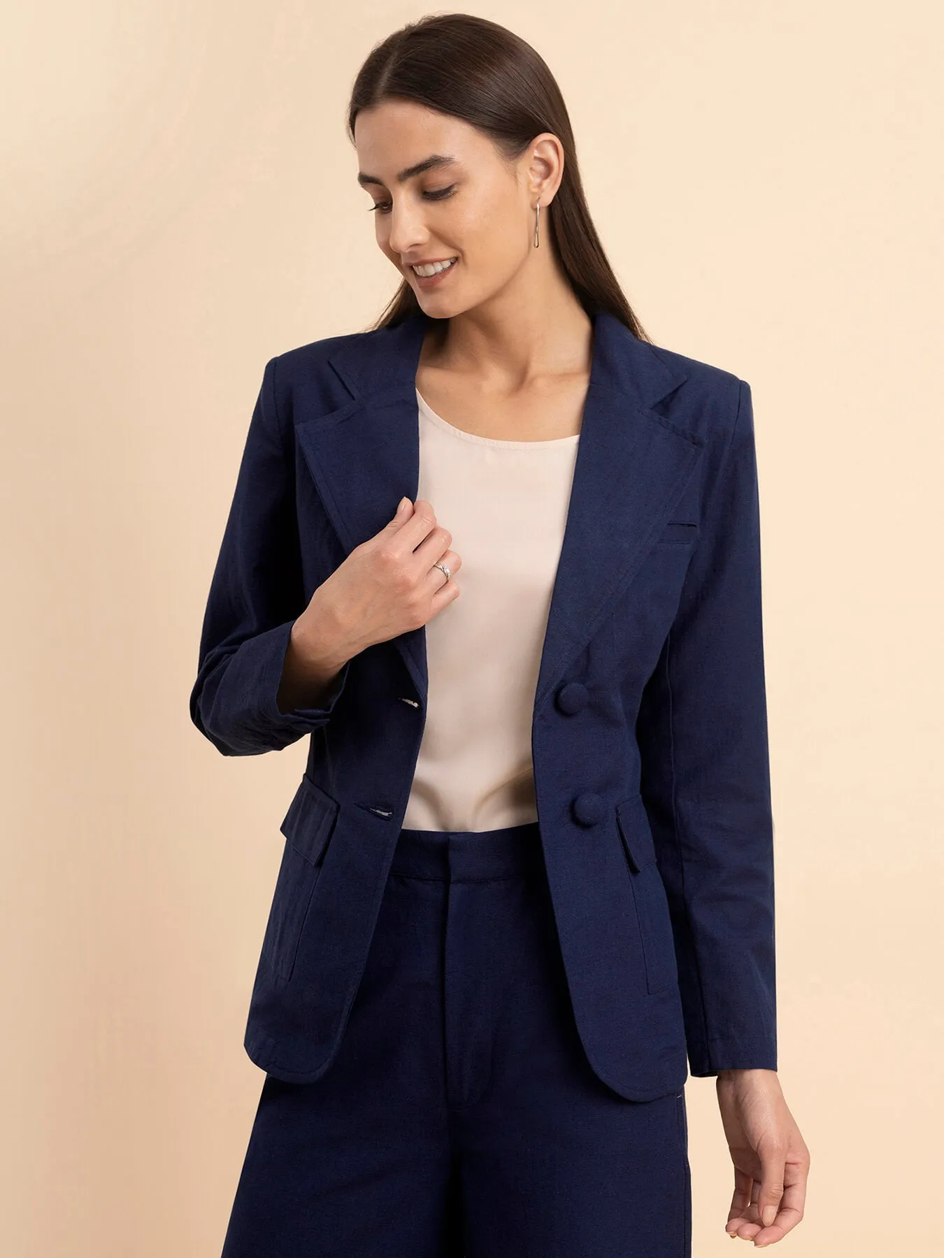 Linen Notch Lapel Collar Blazer - Navy Blue