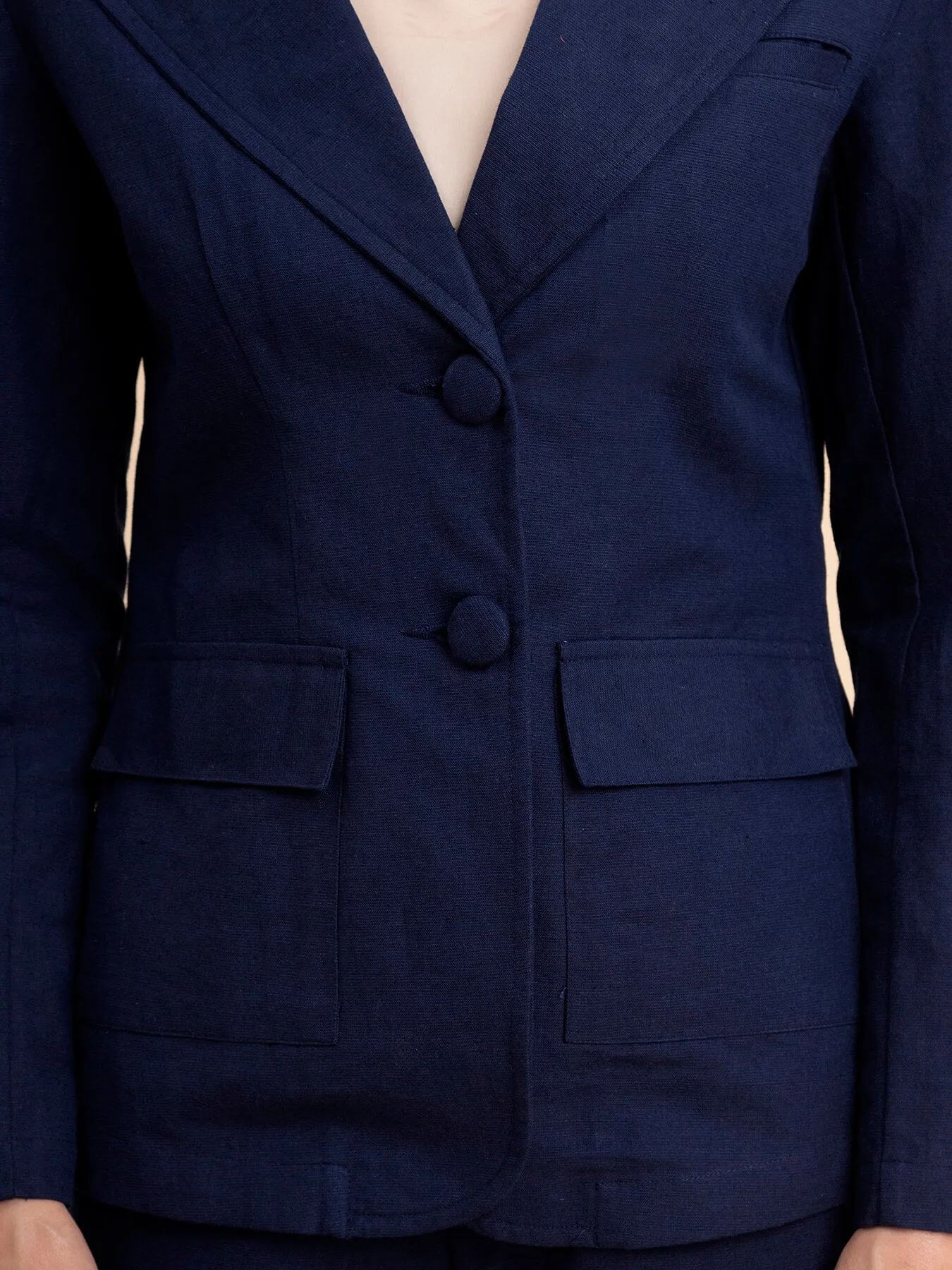 Linen Notch Lapel Collar Blazer - Navy Blue