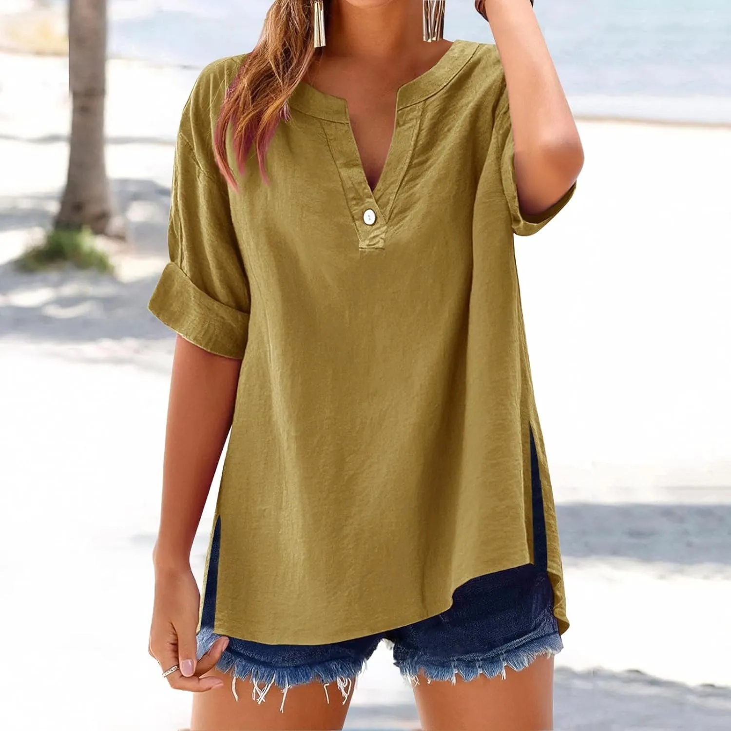 Linen Shirts for Women 2025 Summer Breathable Short Sleeve Tops Casual V Neck Button Tunic Blouses
