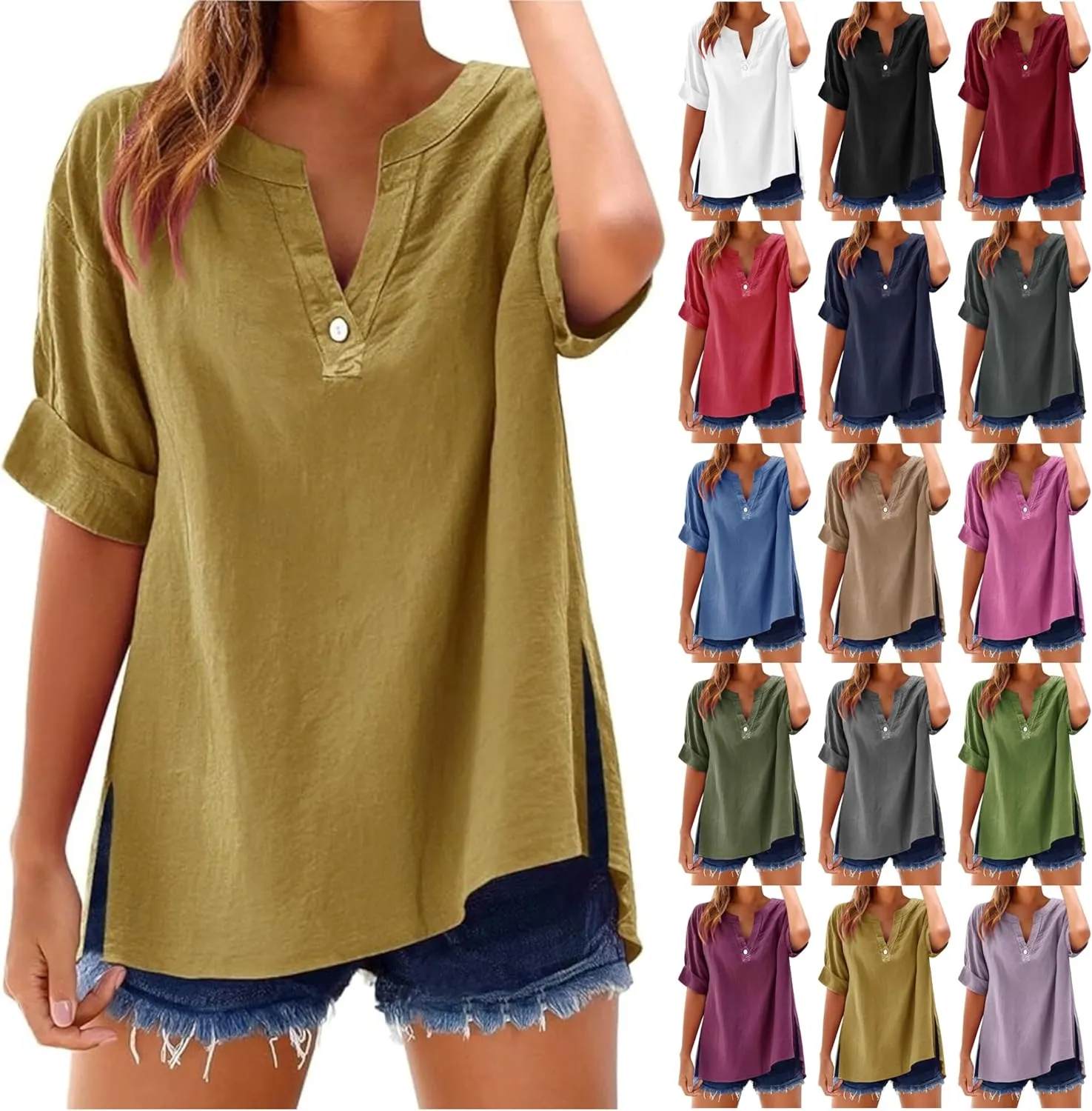 Linen Shirts for Women 2025 Summer Breathable Short Sleeve Tops Casual V Neck Button Tunic Blouses