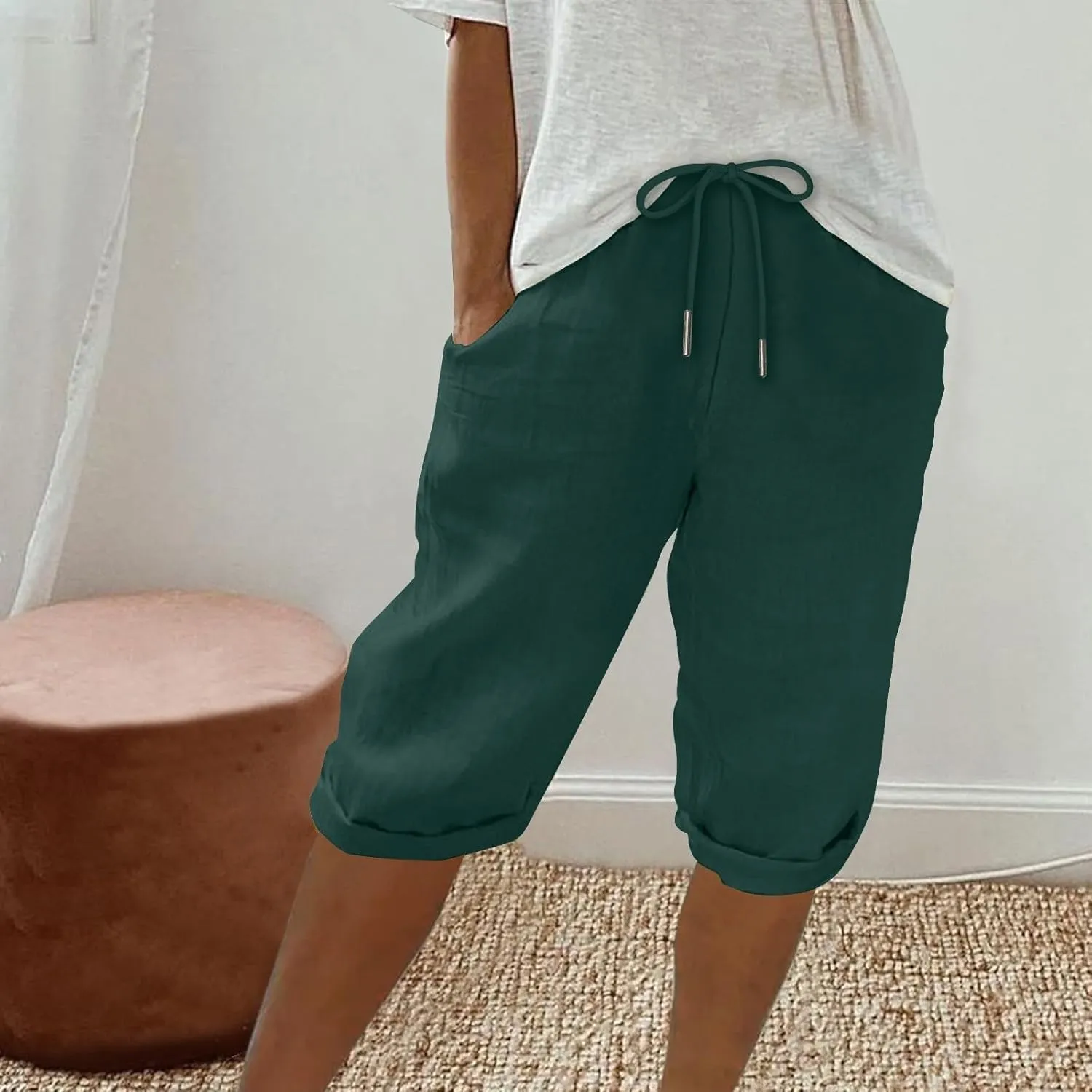 Linen Shorts for Women Knee Length Bermuda Shorts Drawstring Elastic Waist Summer Casual Gym Shorts with Pockets