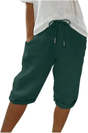 Linen Shorts for Women Knee Length Bermuda Shorts Drawstring Elastic Waist Summer Casual Gym Shorts with Pockets