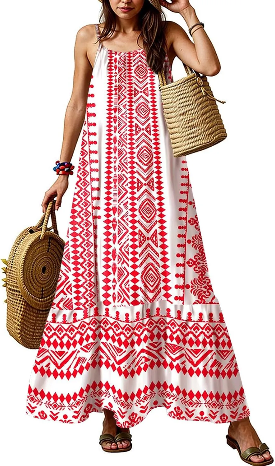 Maxi Sundresses for Women 2025 Boho Spaghetti Strap Crew Neck Beach Sundress Casual Summer Flowy Hawaiian Dresses