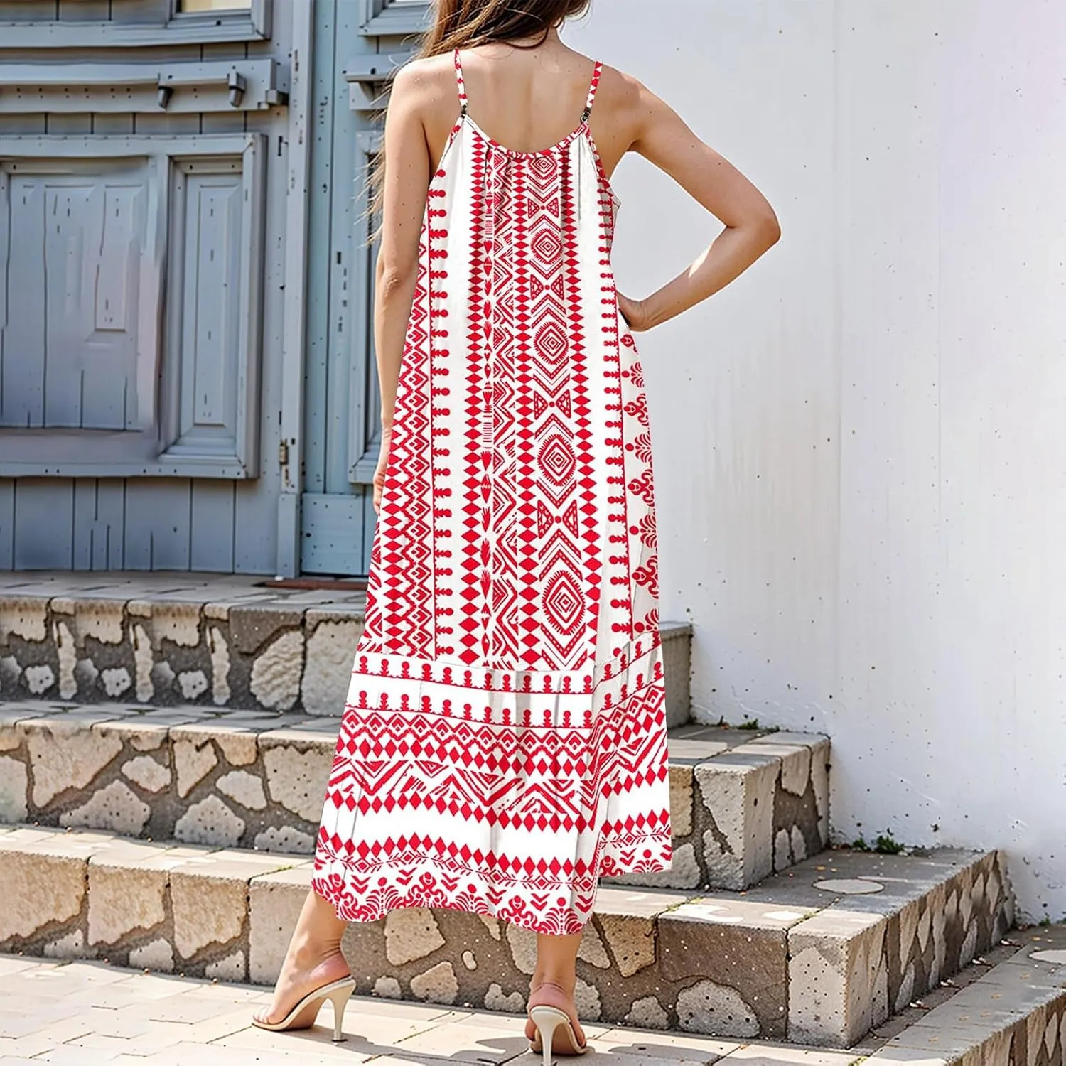 Maxi Sundresses for Women 2025 Boho Spaghetti Strap Crew Neck Beach Sundress Casual Summer Flowy Hawaiian Dresses
