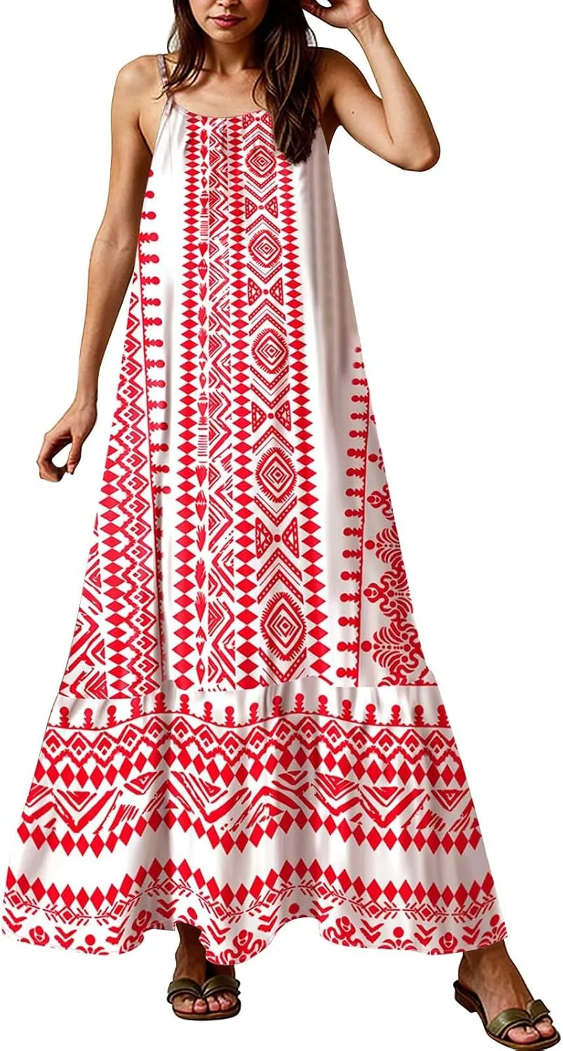 Maxi Sundresses for Women 2025 Boho Spaghetti Strap Crew Neck Beach Sundress Casual Summer Flowy Hawaiian Dresses