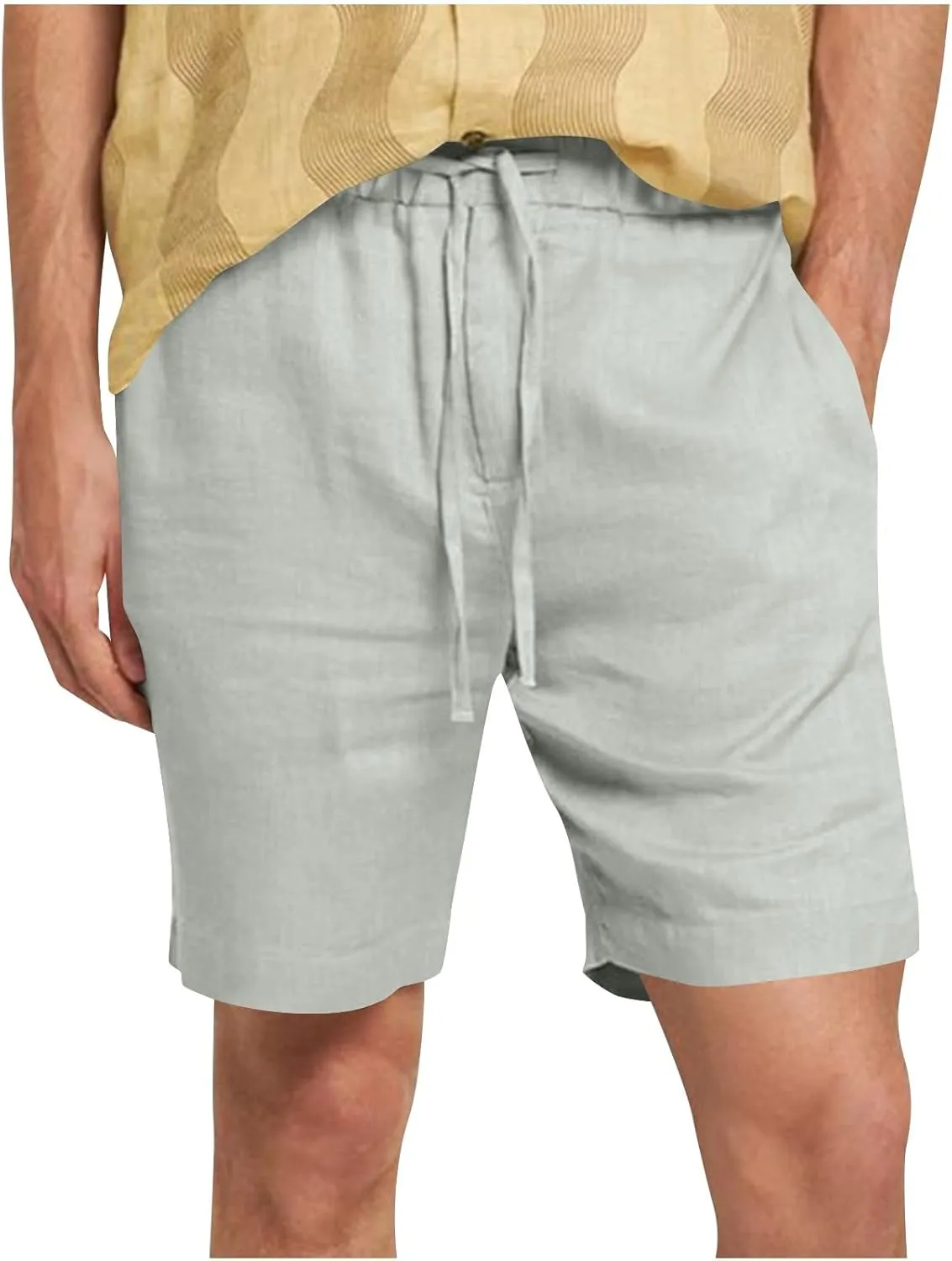 Men's Casual Cotton Linen Shorts Linen Shorts Casual Cotton Elastic Waist Summer Beach Vacation Shorts with Pockets