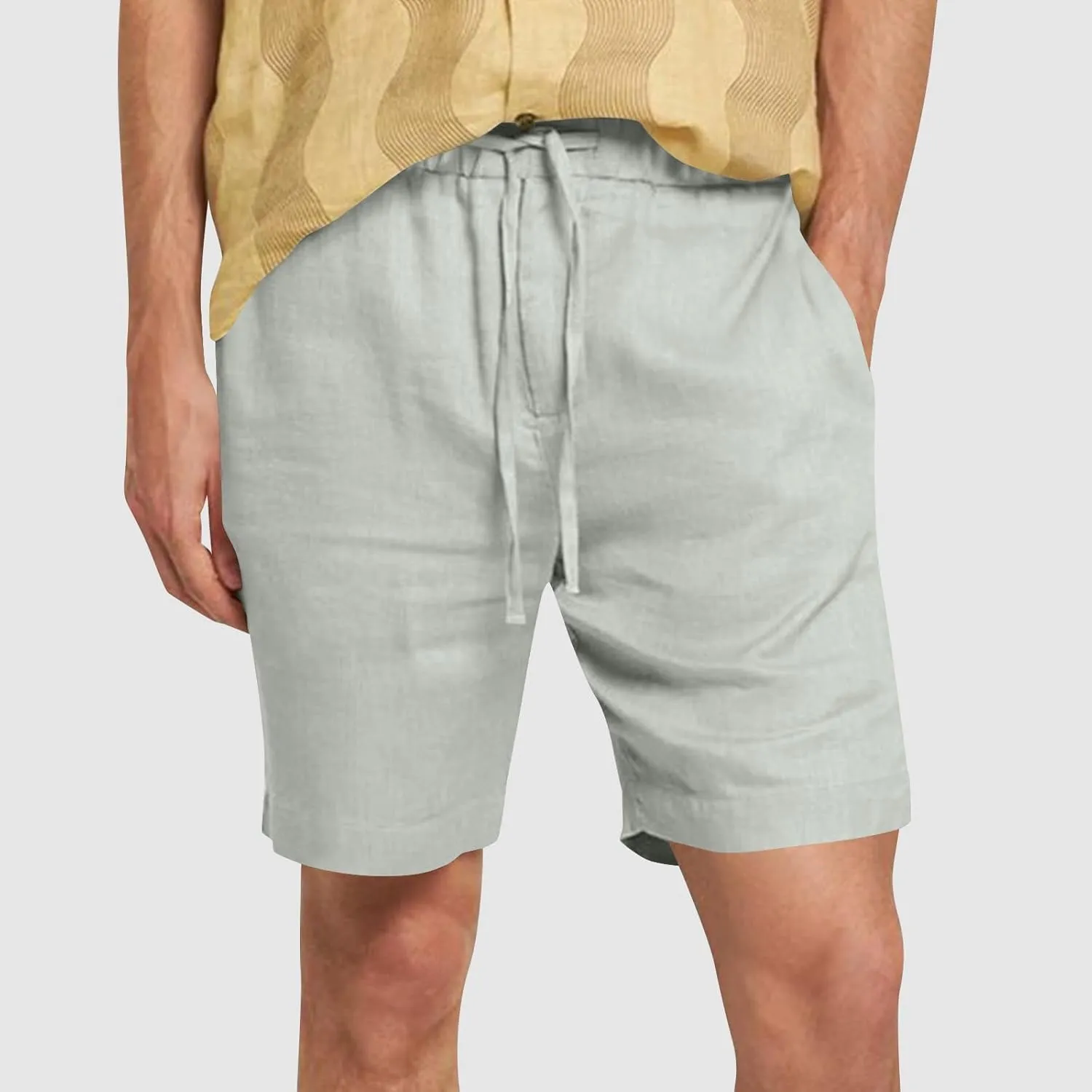 Men's Casual Cotton Linen Shorts Linen Shorts Casual Cotton Elastic Waist Summer Beach Vacation Shorts with Pockets