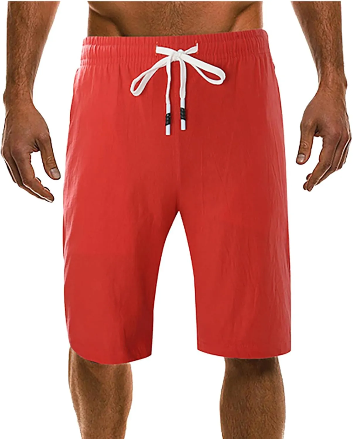 Men's Linen Shorts 11 Inch Inseam Flat Front Elastic Waist Shorts Casual Drawstring Casual Athletic Lounge Wide Leg Shorts