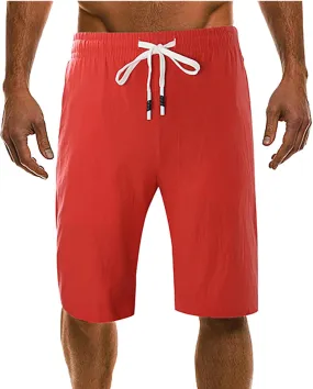 Men's Linen Shorts 11 Inch Inseam Flat Front Elastic Waist Shorts Casual Drawstring Casual Athletic Lounge Wide Leg Shorts